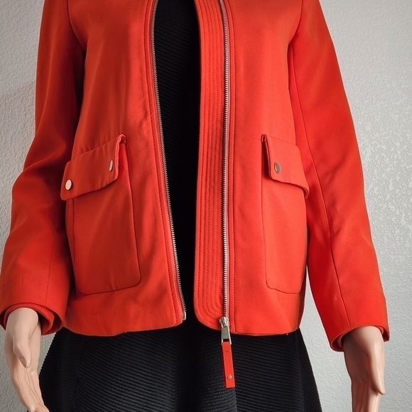 𝅺h&m Overcoat Full Zip Pockets Stretch Long Sleeve Red/Orange Jacket Women 2 - Picture 1 of 13